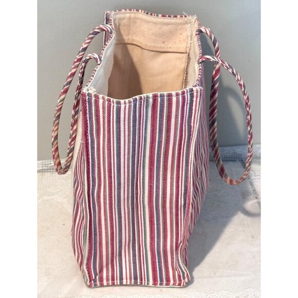 Longaberger Striped Canvas Fabric Tote Floral Basket Embroidery Pocket Church Vt - Picture 2 of 8